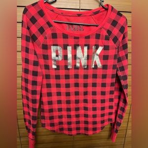 Vintage PINK  long sleeve red and black plaid shirt with gold lettering